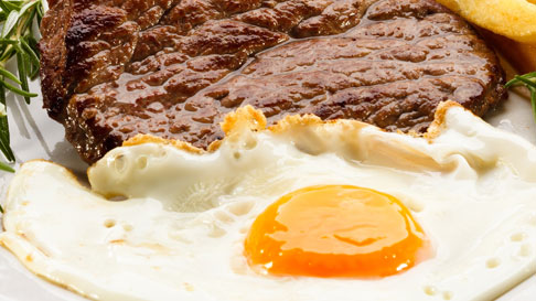 close up of steak and eggs