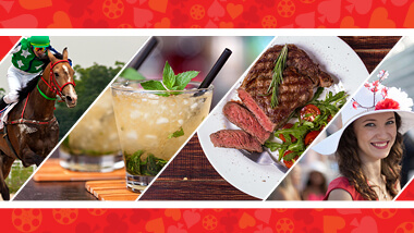 This image combo shows a man racing a horse, a mint julep, prime rib and a woman in a fancy hat.
