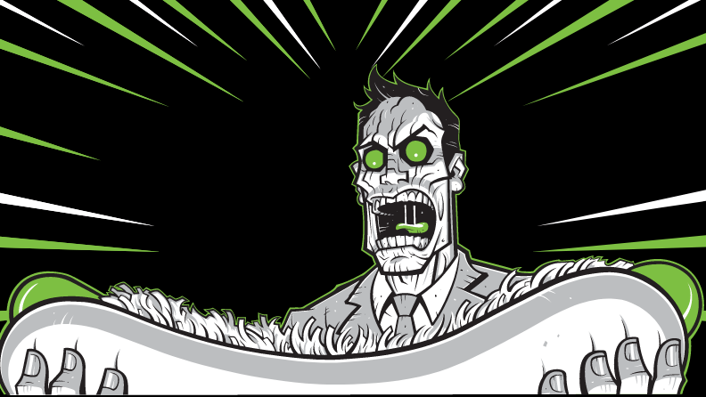 Zombie holding hot dog.