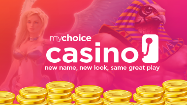 coins stacked over an Egyptian character and female character from games with mychoice casino logo and text: "new name, new look, same great play"